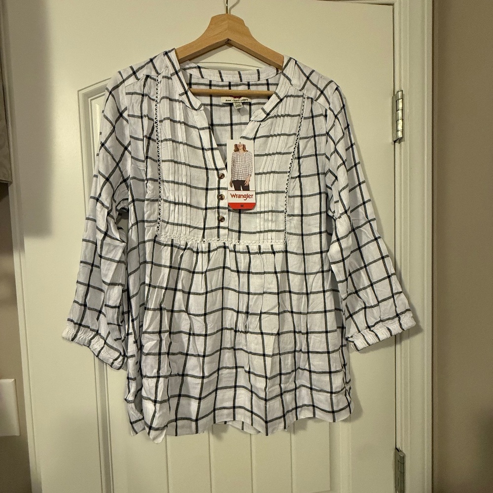 Wrangler Plaid Peasant Blouse White and Black Size M NWT